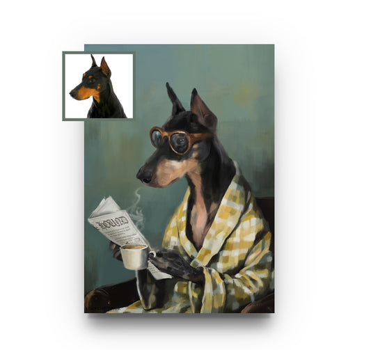 DIGITAL Morning Dog With a Newspaper Custom Portrait