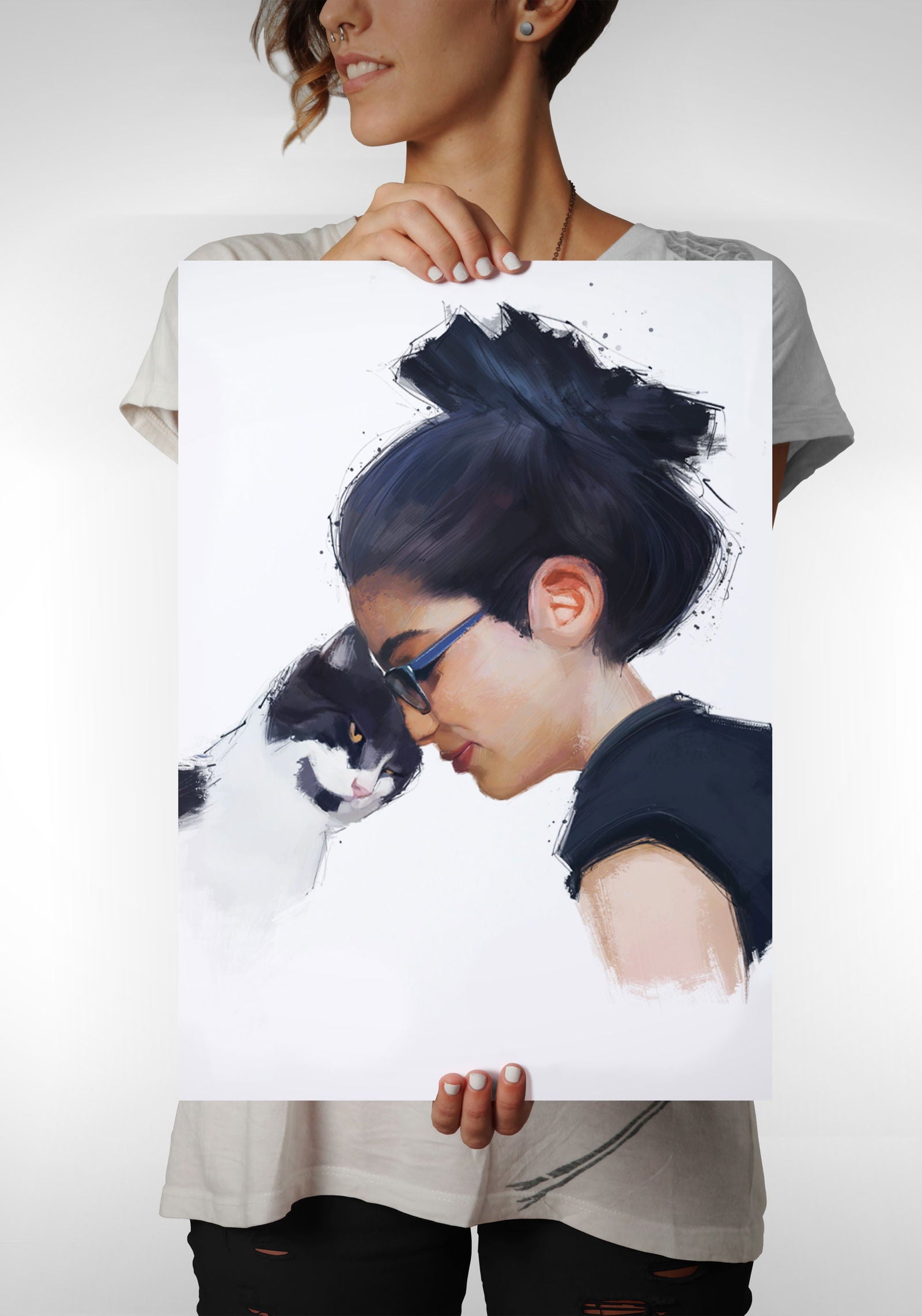 Personalised Gouache Portrait - Mum&Cat - Sharpstrokez